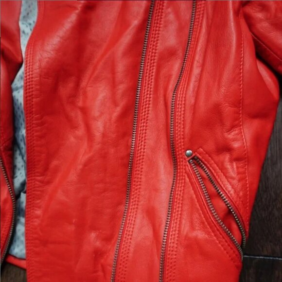Genuine Leather Biker Jacket in Red - Picture 5 of 7